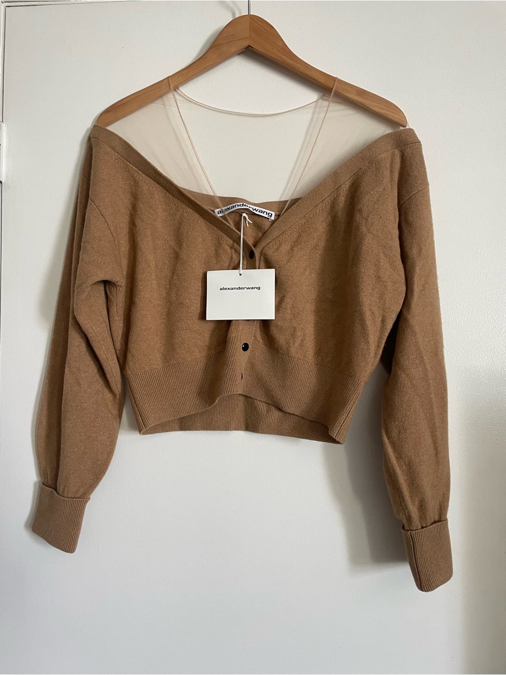 Alexander Wang camel Illusion Off-Shoulder Cropped Knit Sweater - Picture 4 of 10